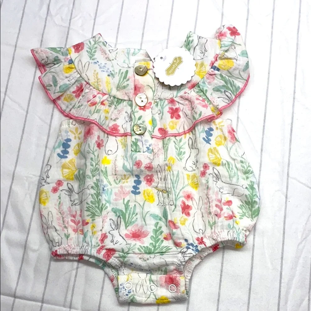Mud Pie Pastel Floral Baby Romper, baby-girls Bunny Floral Bubble Size 0-3 - Picture 1 of 5